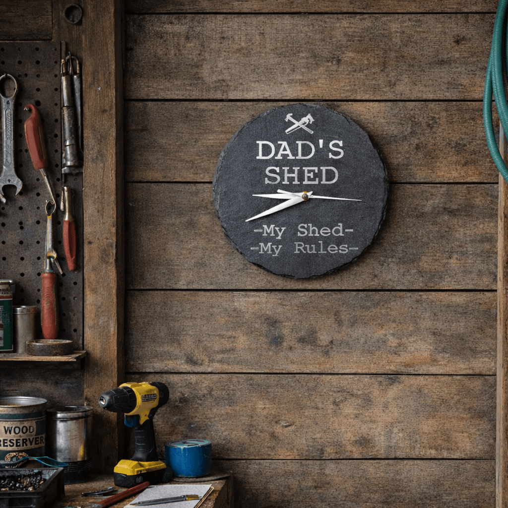 Handcrafted 22cm Dad’s Shed slate clock hanging on a rustic wooden garage wall with tools and workbench Handcrafted 22cm Dad’s Shed slate clock hanging on a rustic wooden garage wall with tools and workbench
