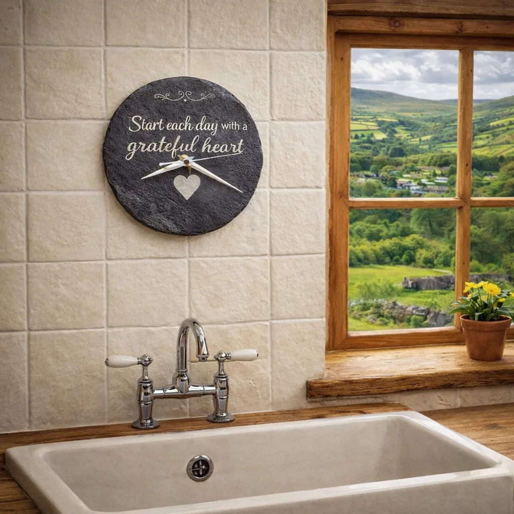 Realistic Render Of A Handcrafted 22cm Slate Wall Clock Engraved With “start Each Day With A Grateful Heart,” Displayed Above A Ceramic Sink In A Country Kitchen With A View Of Lancashire Hills. Realistic Render Of A Handcrafted 22cm Slate Wall Clock Engraved With “start Each Day With A Grateful Heart,” Displayed Above A Ceramic Sink In A Country Kitchen With A View Of Lancashire Hills.